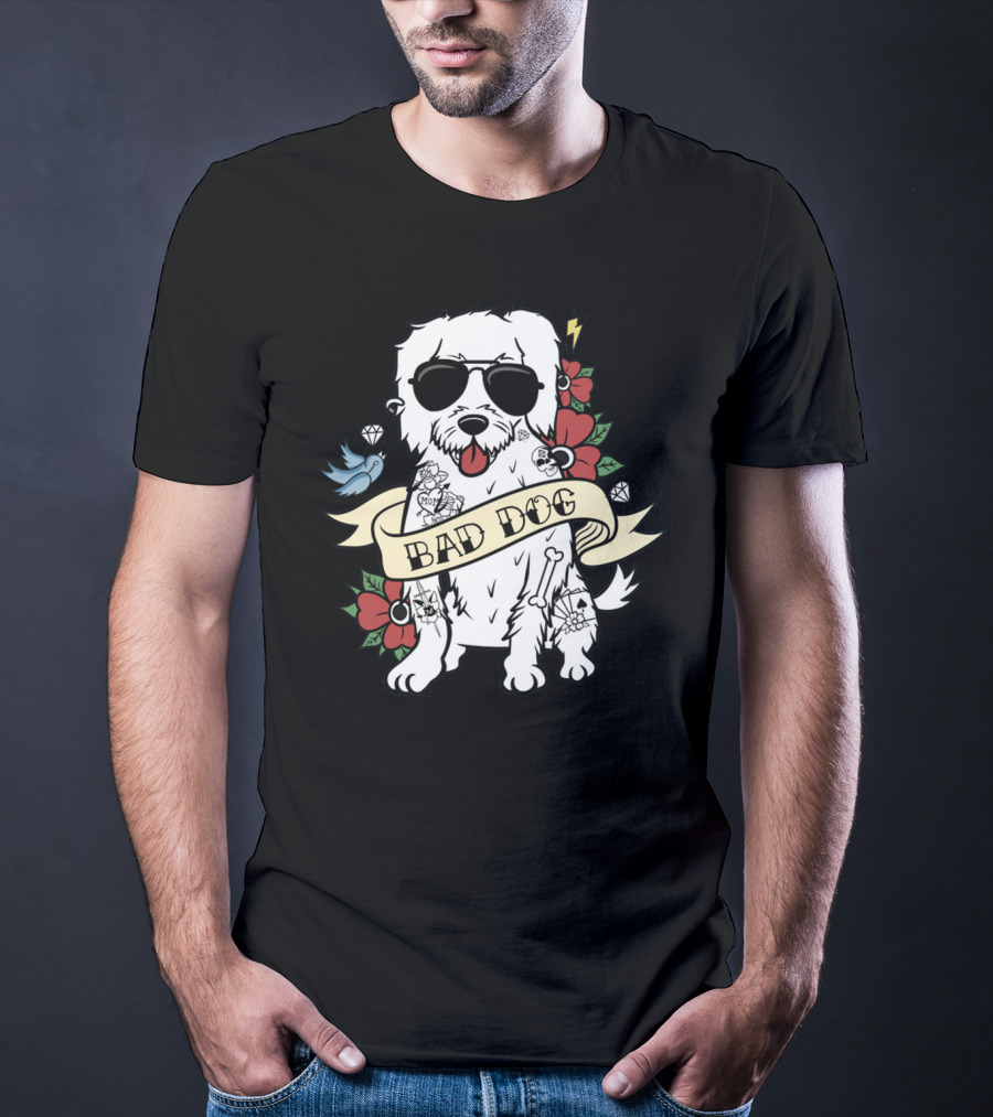 Maltese Bad Dog With Sunglasses And Tattoo Style Surrounded By Flowers And Diamonds T-Shirt