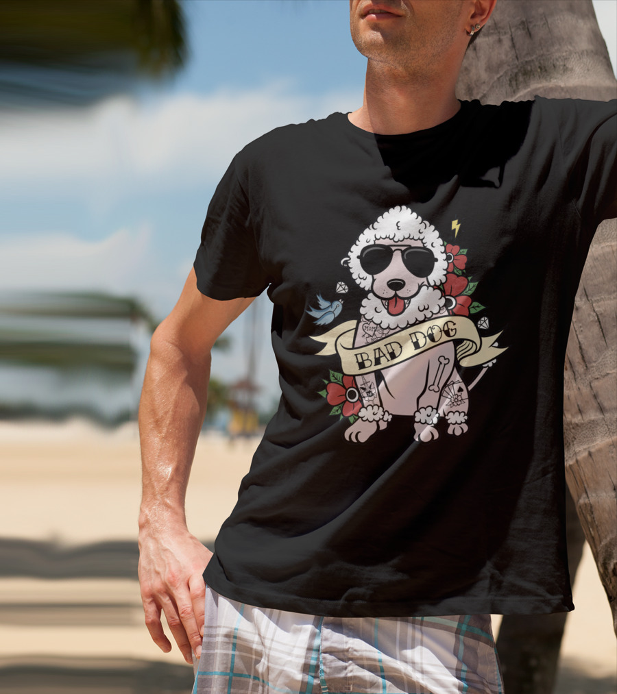 Poodle Bad Dog Wearing Sunglasses Tattoo Style With Lightning Flowers And Blue Bird T-Shirt