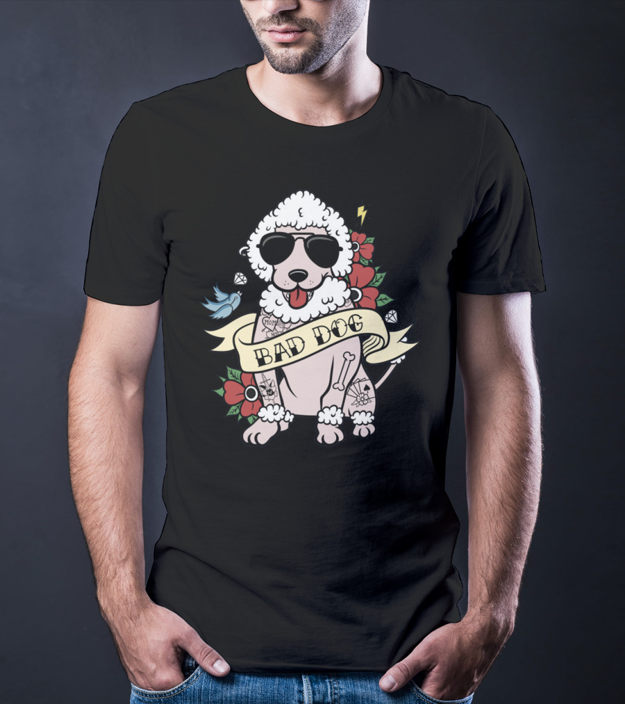 Poodle Bad Dog Wearing Sunglasses Tattoo Style With Lightning Flowers And Blue Bird T-Shirt
