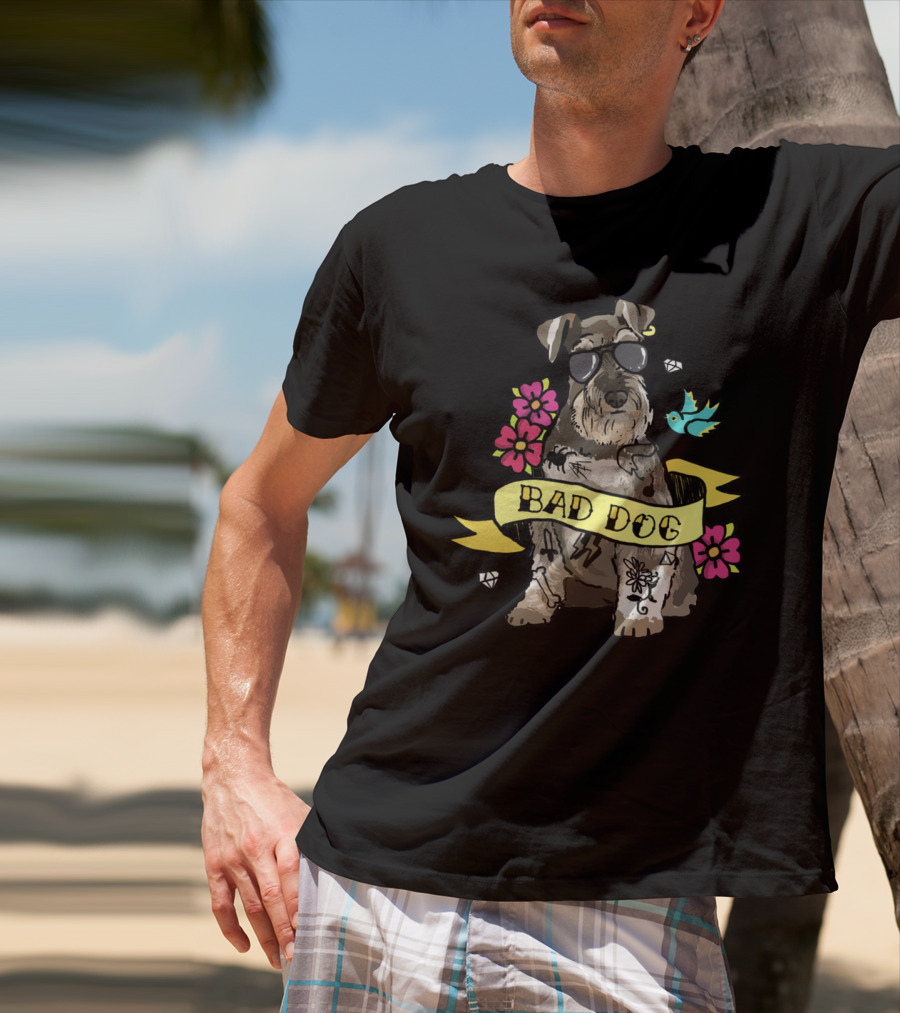Schnauzer Bad Dog Tattoo Style With Flowers And Bird T-Shirt