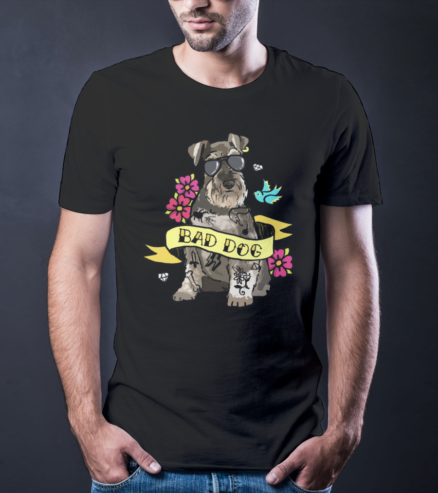 Schnauzer Bad Dog Tattoo Style With Flowers And Bird T-Shirt