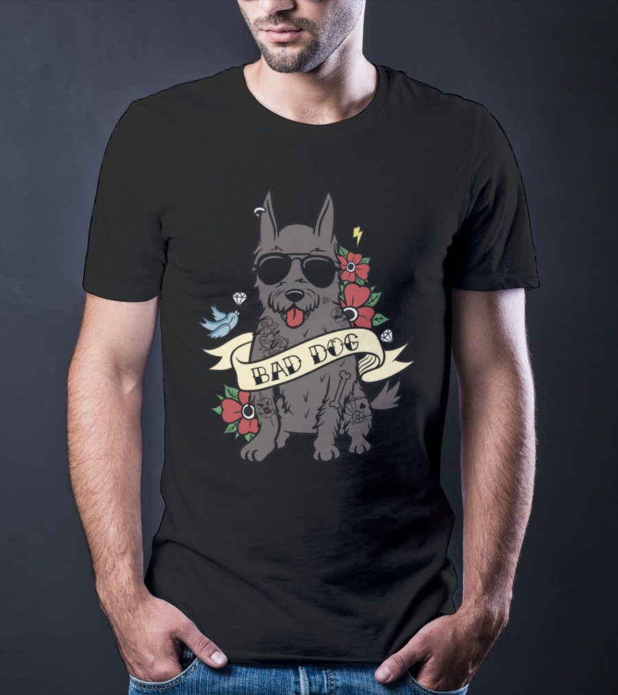 SCOTTIE BAD DOG Sunglasses Tattoo Diamond Red Flower Blue Bird Lightning T-Shirt