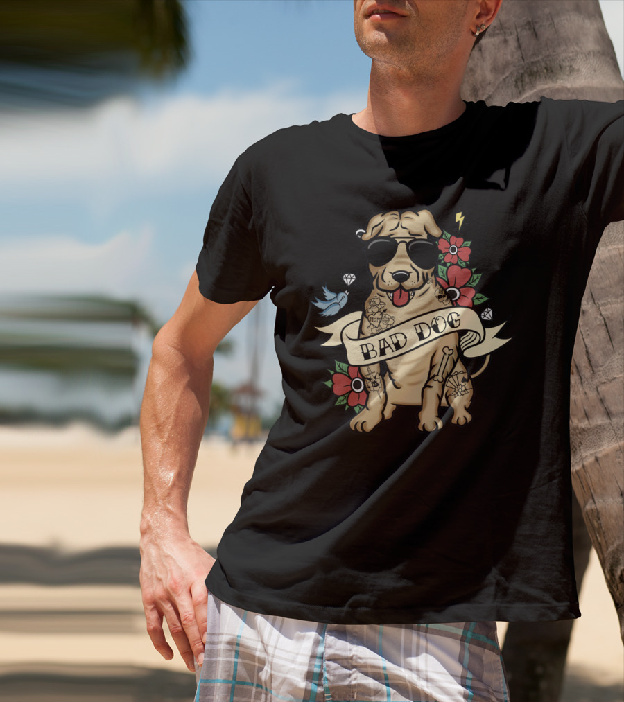 Shar Pei Bad Dog With Sunglasses Tattoos Flowers And Lightning T-Shirt