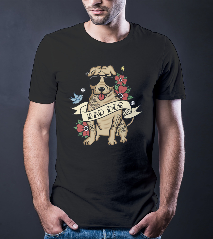 Shar Pei Bad Dog With Sunglasses Tattoos Flowers And Lightning T-Shirt