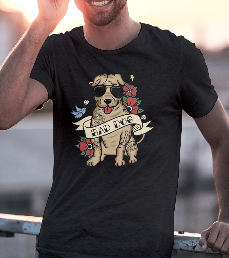 Shar Pei Bad Dog With Sunglasses Tattoos Flowers And Lightning T-Shirt