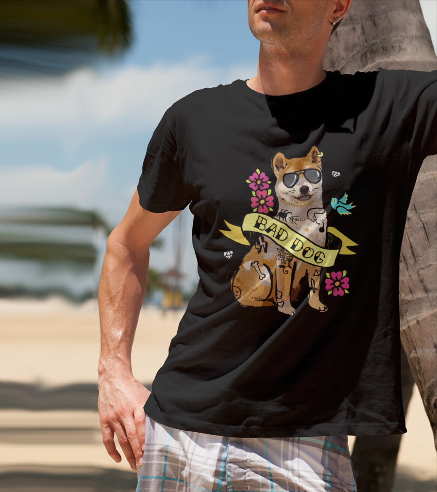 Shiba Inu Bad Dog With Sunglasses And Tattoos Ribbon Art Flowers Bird Diamond T-Shirt