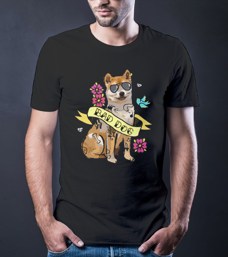 Shiba Inu Bad Dog With Sunglasses And Tattoos Ribbon Art Flowers Bird Diamond T-Shirt