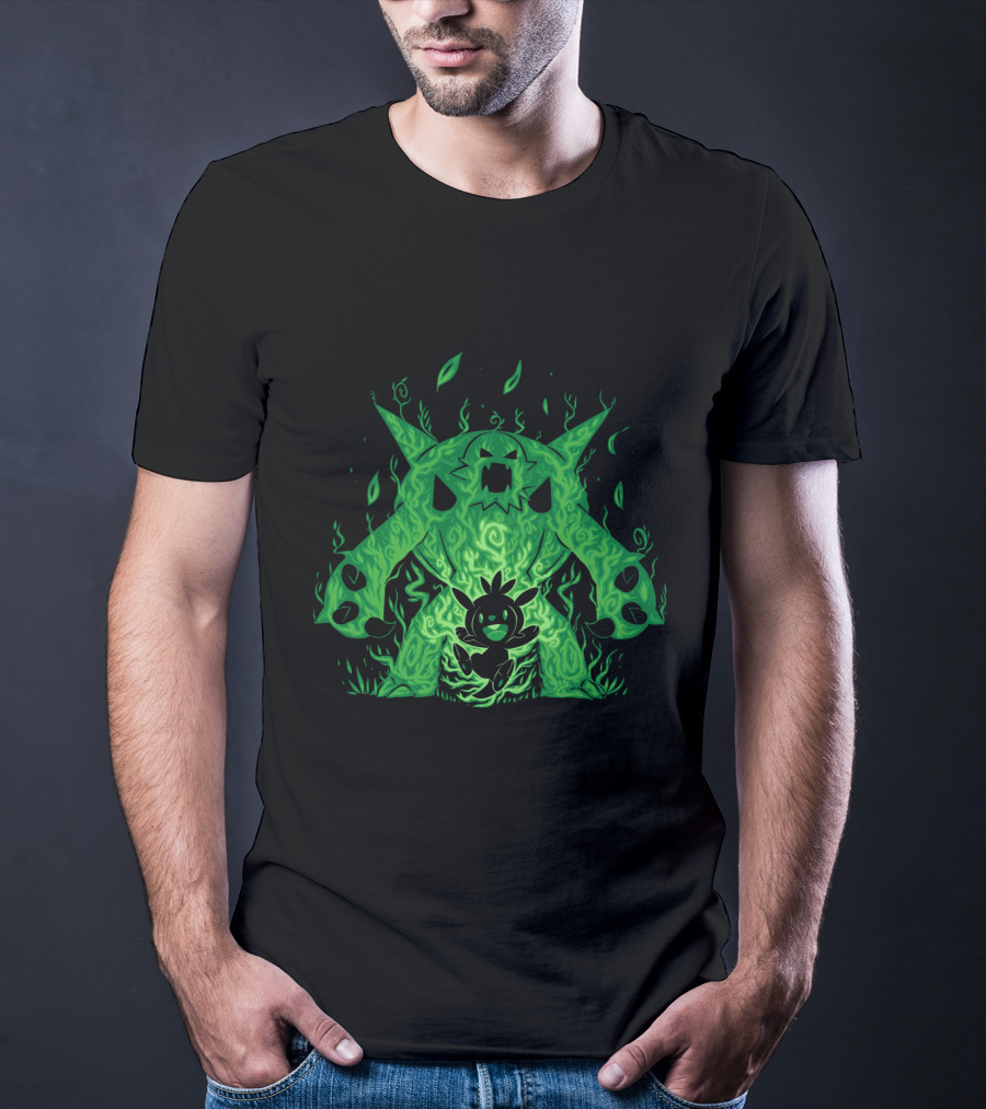 Pokemon Evolution Chesnaught Chespin Silhouette Glowing Green Flames T-Shirt