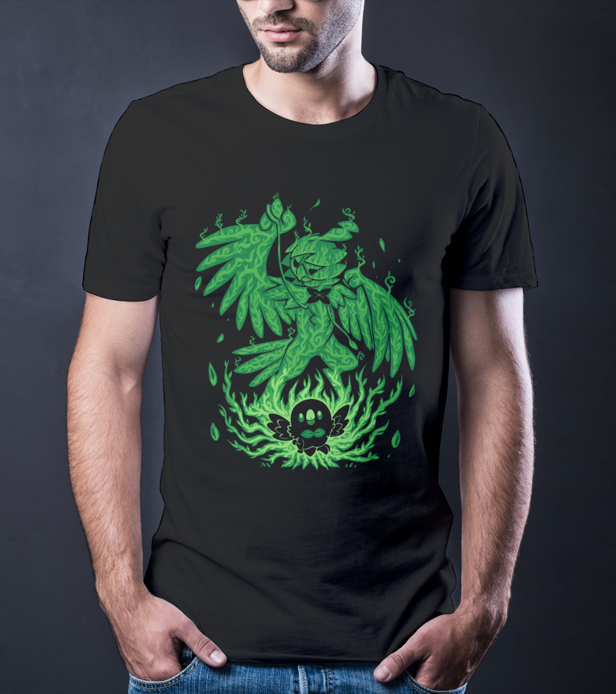 Evolution Pokemon Decidueye Rowlet Ghostly Green Flames T-Shirt
