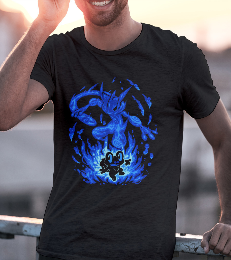 Evolution Pokemon Greninja Froakie Blue Flames T-Shirt