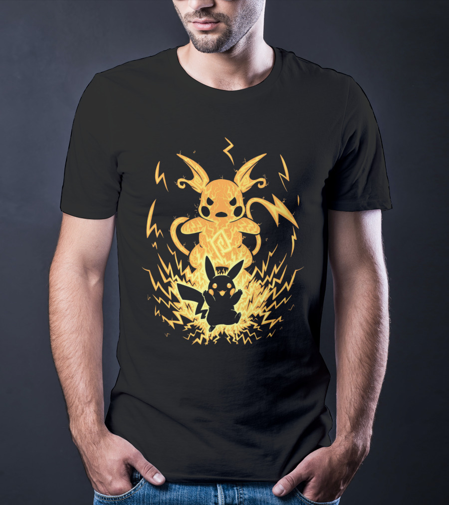 Evolution Pokemon Raichu With Pikachu And Lightning Background T-Shirt