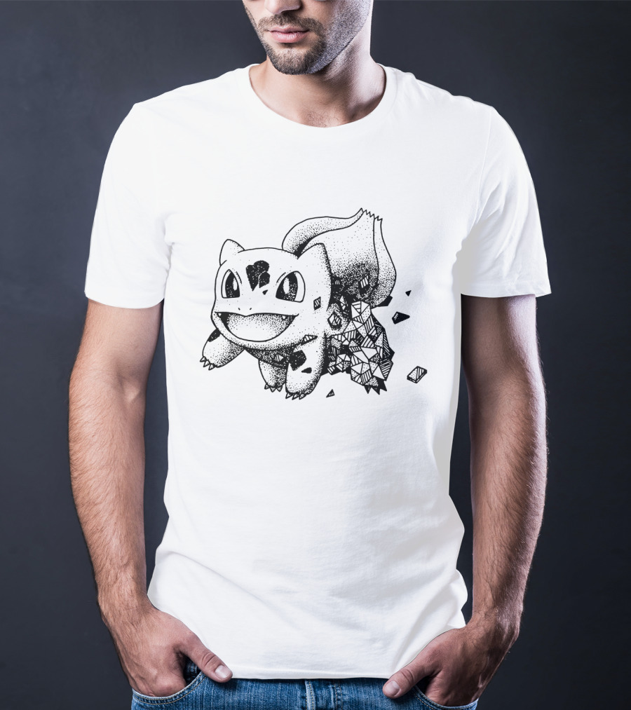 Geometric Pokemon Bulbasaur Pixel Art Style Black And White Pokedex Creature Digital Cubes T-Shirt