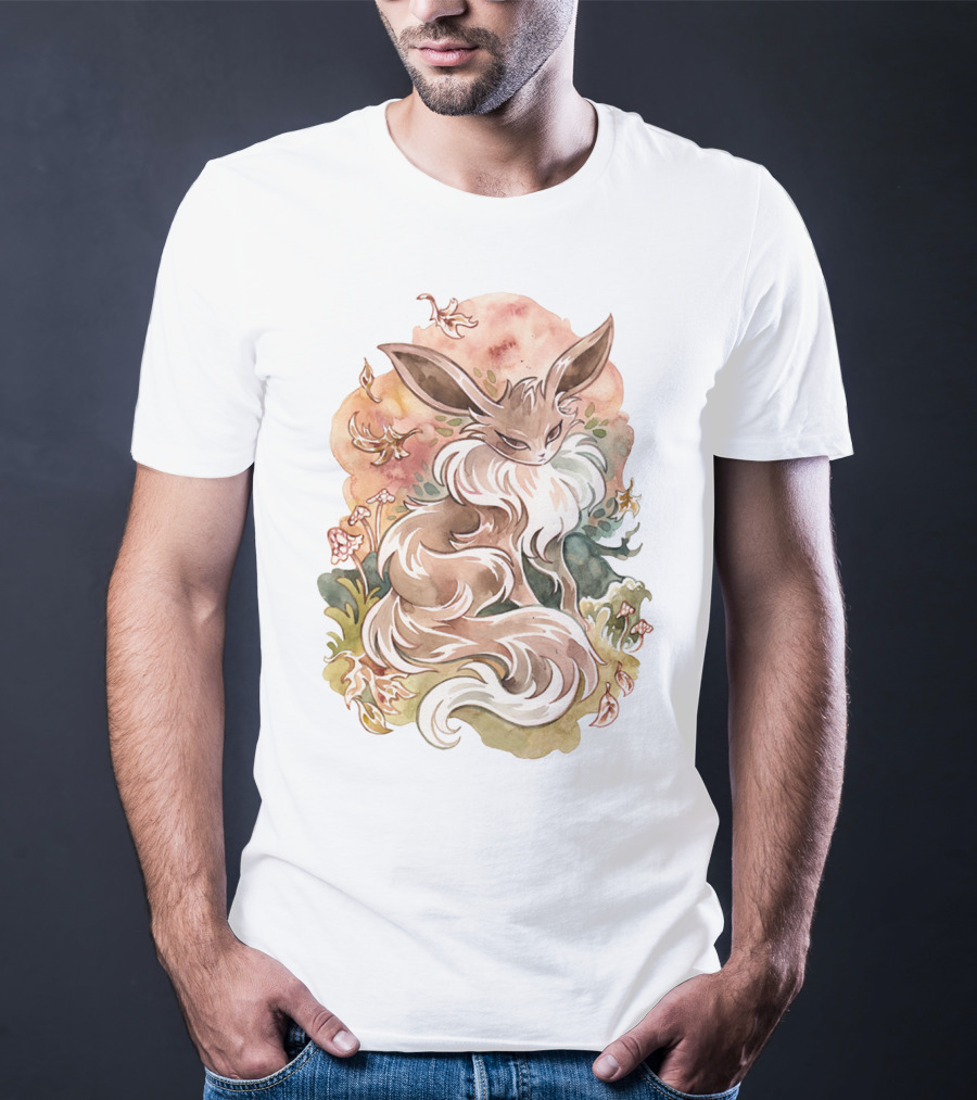 Watercolor Pokemon Eevee With Autumn Leaves And Flowers T-Shirt