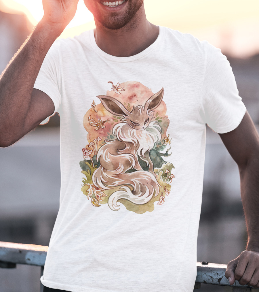 Watercolor Pokemon Eevee With Autumn Leaves And Flowers T-Shirt