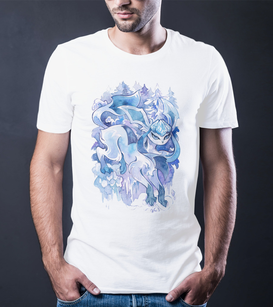 Watercolor Pokemon Glaceon Snowy Forest Background T-Shirt