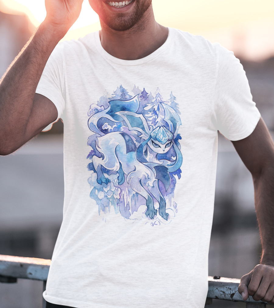 Watercolor Pokemon Glaceon Snowy Forest Background T-Shirt