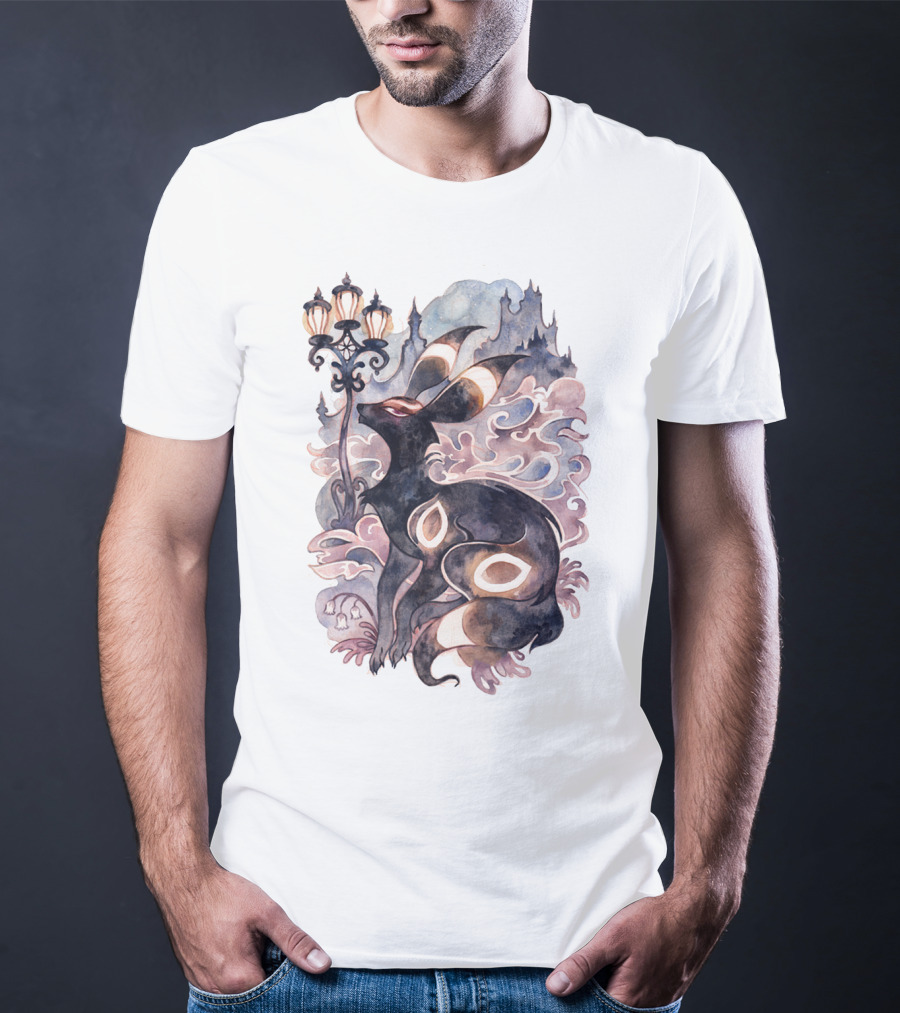Watercolor Pokemon Umbreon Lamppost Castle Sky Background T-Shirt