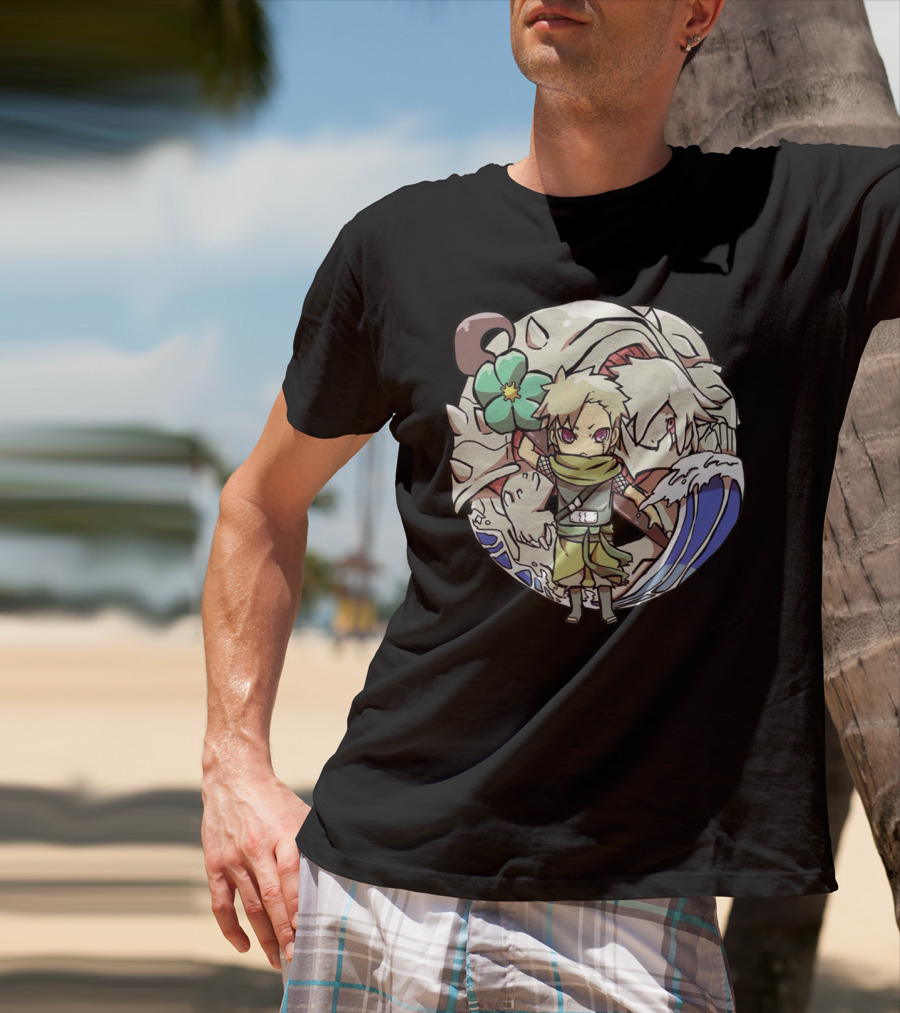 Katarachi Chibi Ninja And Beast With Flower And Wave T-Shirt
