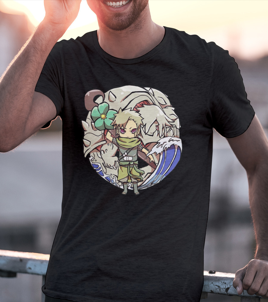 Katarachi Chibi Ninja And Beast With Flower And Wave T-Shirt