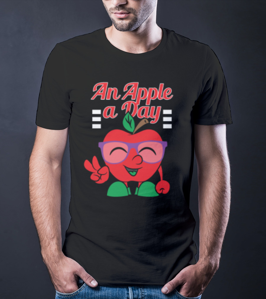 An Apple A Day Smiling Cartoon Apple With Glasses And Peace Sign T-Shirt