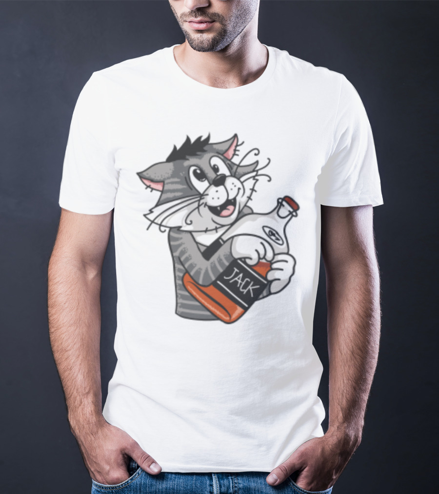 Jack Whiskey Cat Hugging Bottle Playful Striped Kitty Character T-Shirt