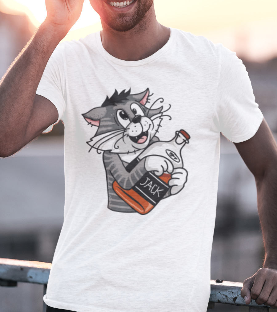 Jack Whiskey Cat Hugging Bottle Playful Striped Kitty Character T-Shirt