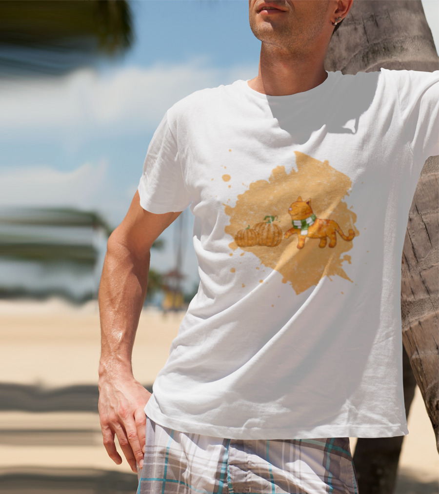 Kitty With Scarf And Pumpkins On Splash Background T-Shirt