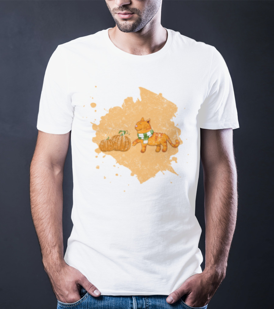 Kitty With Scarf And Pumpkins On Splash Background T-Shirt