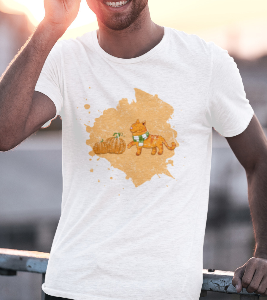 Kitty With Scarf And Pumpkins On Splash Background T-Shirt