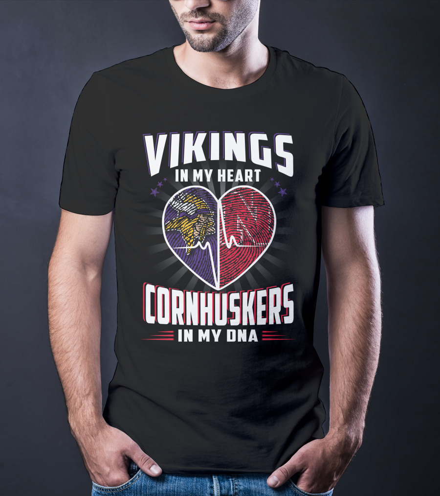 Vikings IN My Heart Cornhuskers IN My Dna Fingerprint Heartbeat T-Shirt