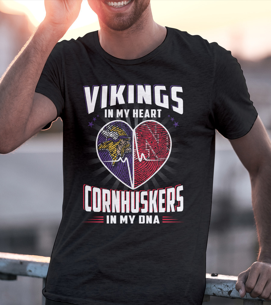 Vikings IN My Heart Cornhuskers IN My Dna Fingerprint Heartbeat T-Shirt