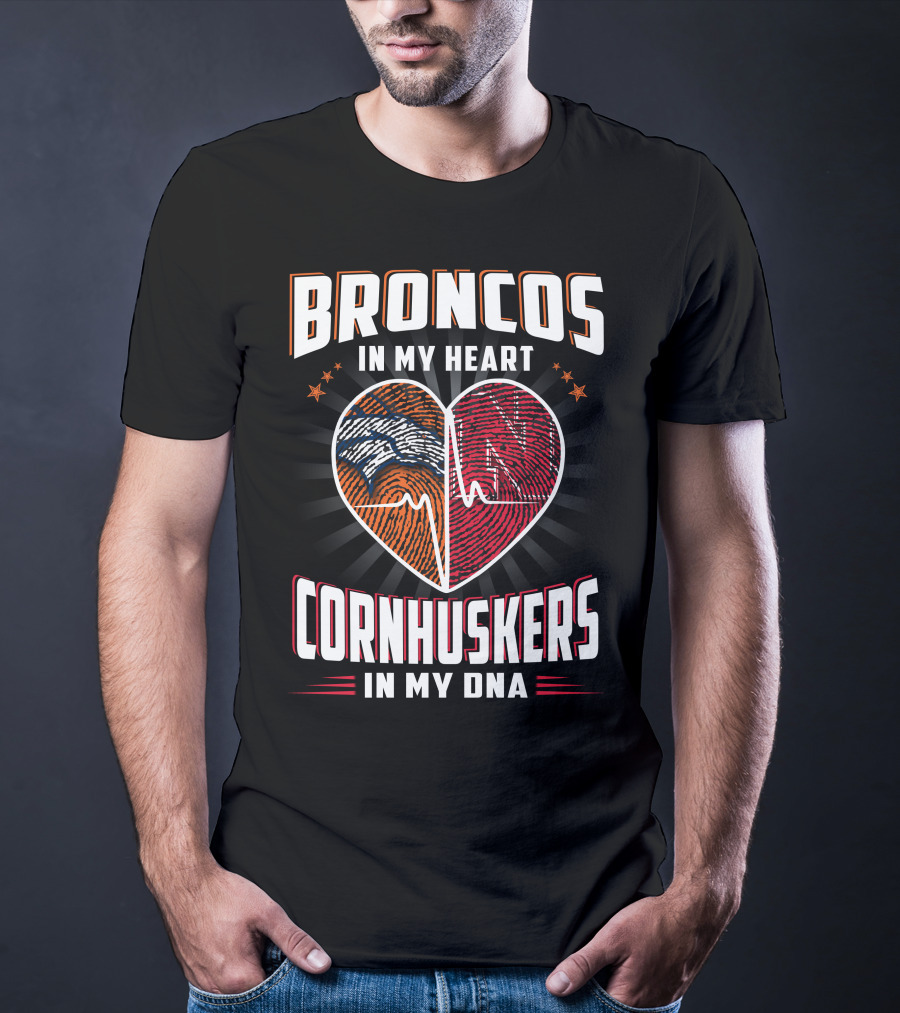 Broncos Heart Cornhuskers Dna Fingerprint Football Pride T-Shirt