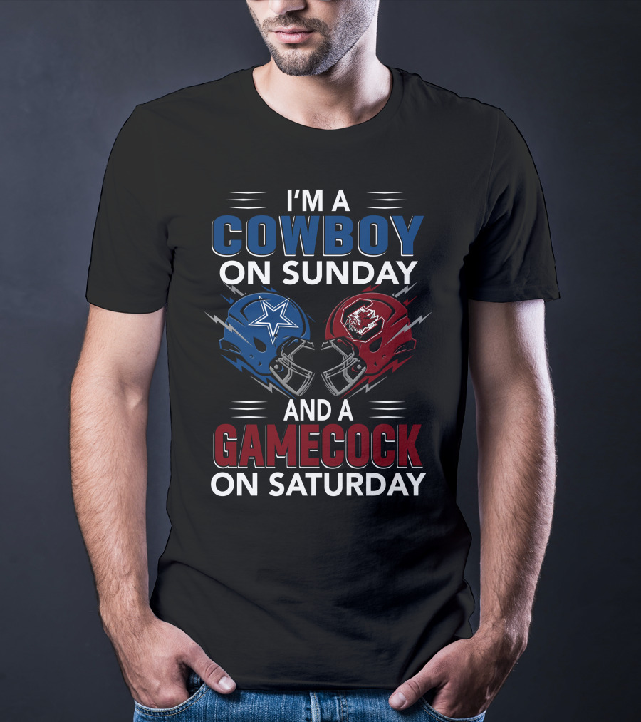 I'm A Cowboy On Sunday And A Gamecock On Saturday Football Helmets Showdown T-Shirt