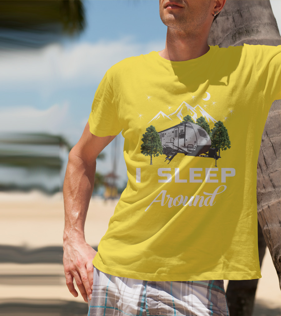 I SLEEP AROUND Forest River Surveyor Camper And Mountain Scene T-Shirt