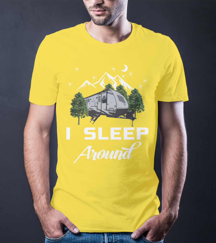 I SLEEP AROUND Forest River Surveyor Camper And Mountain Scene T-Shirt