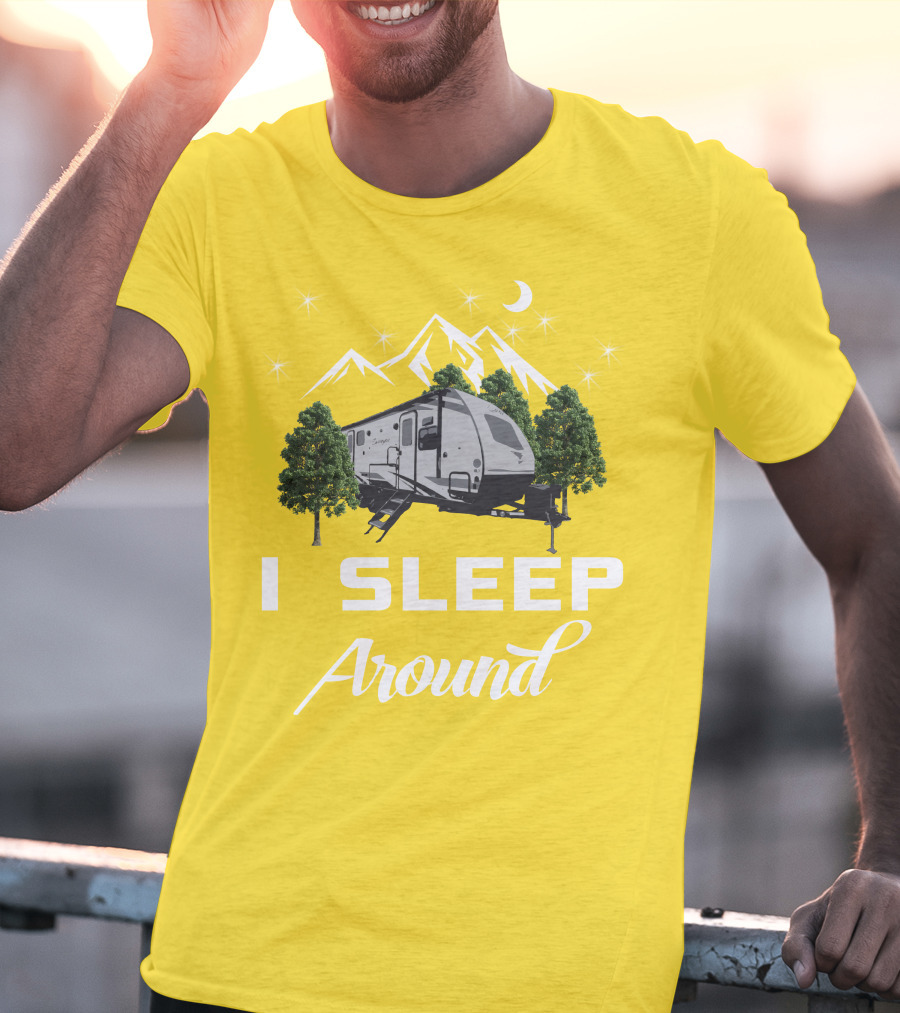 I SLEEP AROUND Forest River Surveyor Camper And Mountain Scene T-Shirt