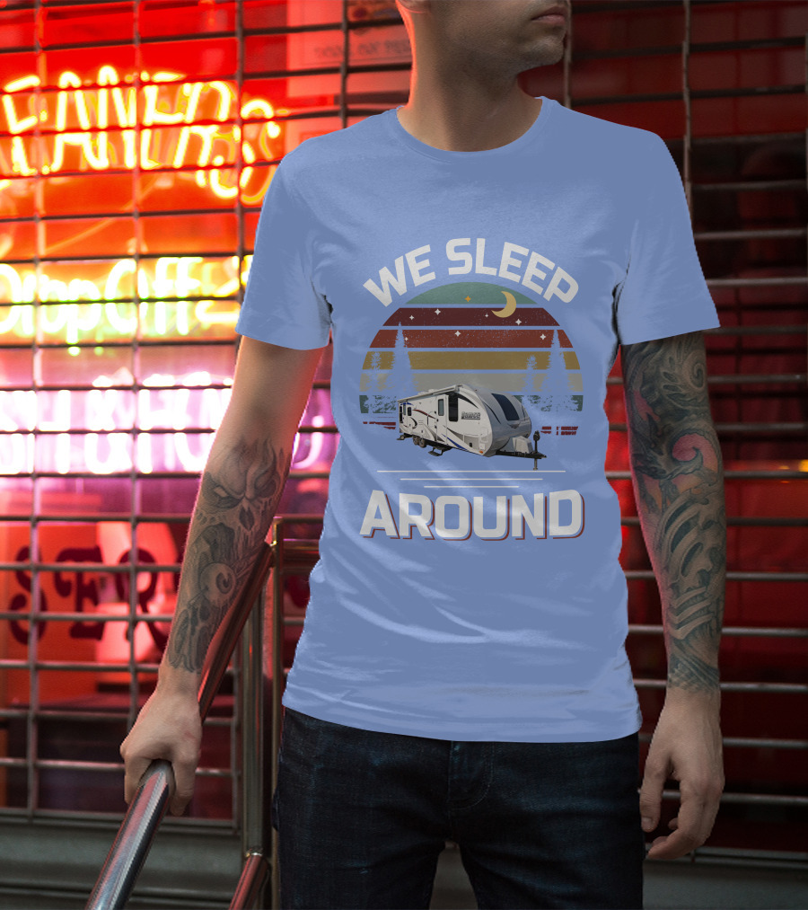 WE SLEEP AROUND Camper Moon Trees Retro Stripes T-Shirt