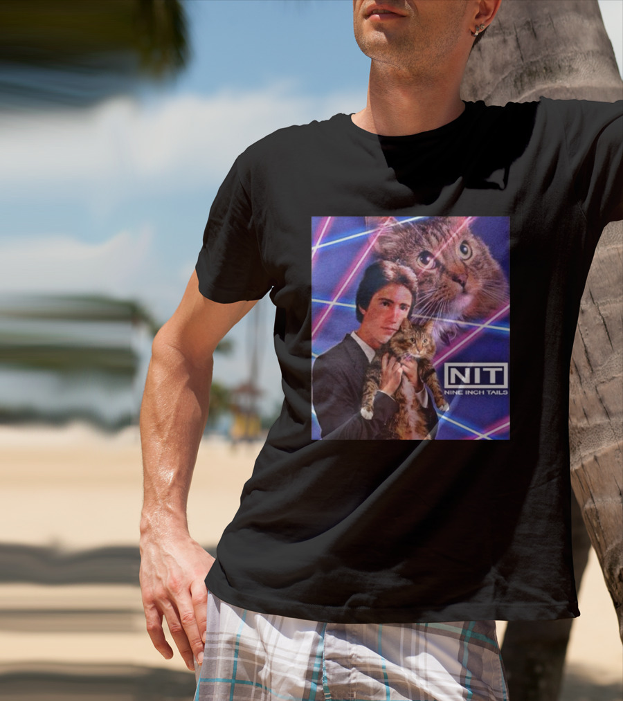 NIT Nine Inch Tails Retro Cat Photoshoot With Neon Lights T-Shirt