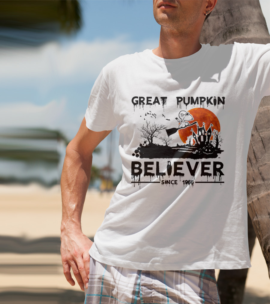 Great Pumpkin Believer Since 1966 Snoopy Flying On Broomstick Halloween Scene T-Shirt