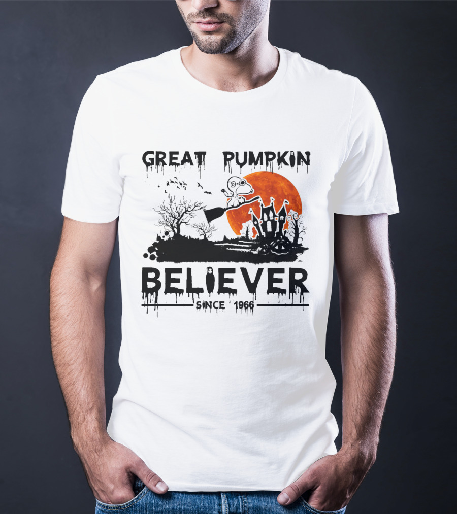 Great Pumpkin Believer Since 1966 Snoopy Flying On Broomstick Halloween Scene T-Shirt