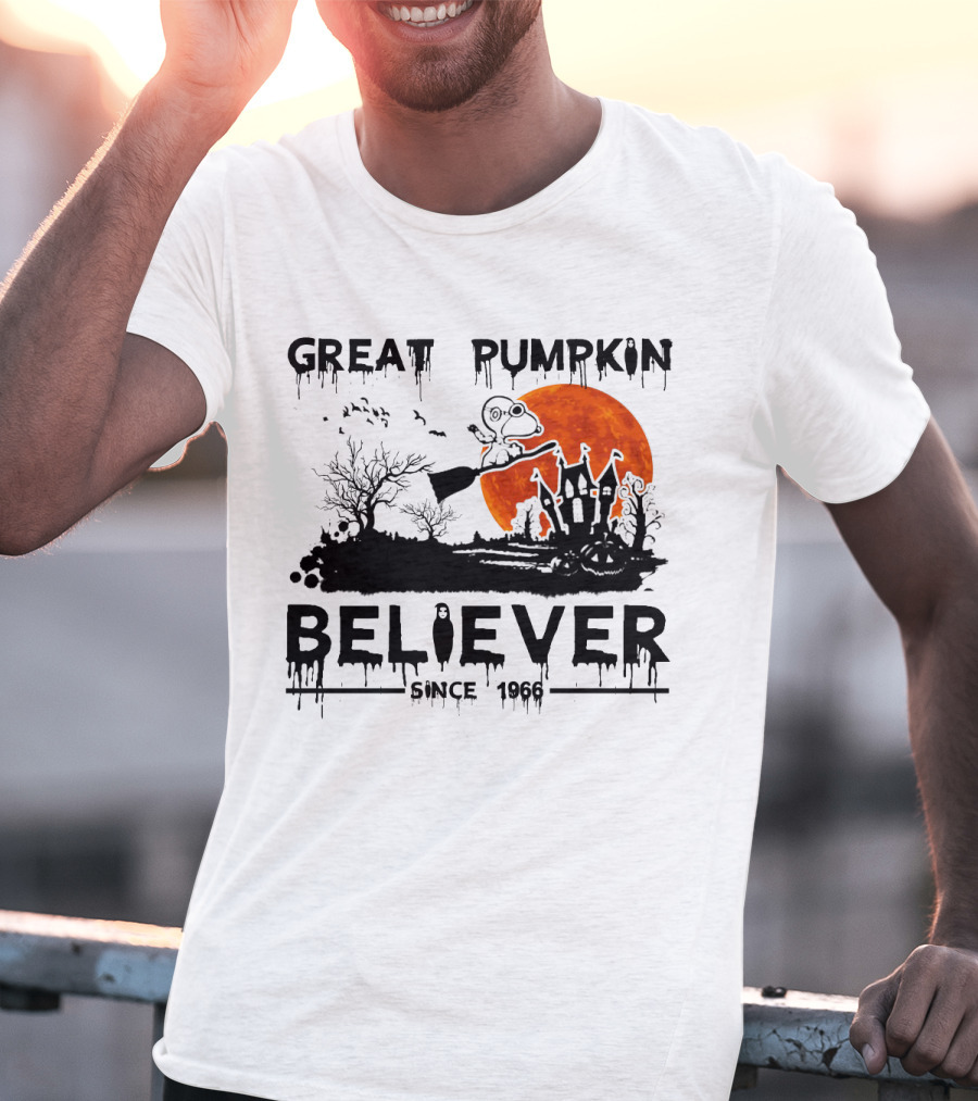 Great Pumpkin Believer Since 1966 Snoopy Flying On Broomstick Halloween Scene T-Shirt