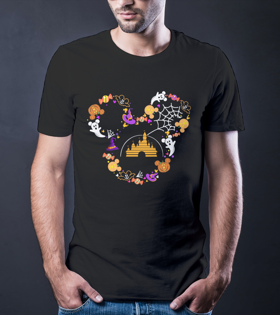 Disney Halloween Mickey Ears Castle Ghosts Spider Web Candy Icons T-Shirt