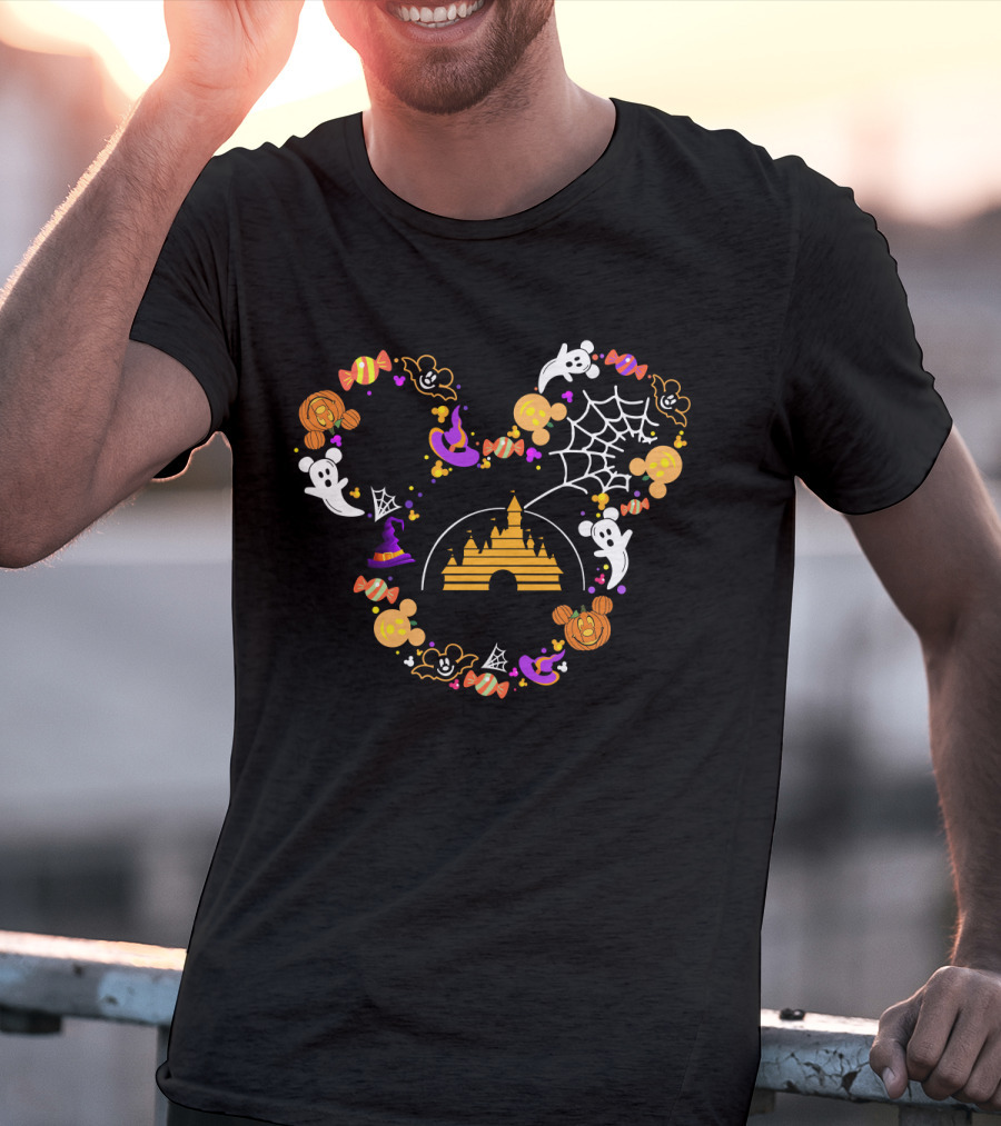 Disney Halloween Mickey Ears Castle Ghosts Spider Web Candy Icons T-Shirt