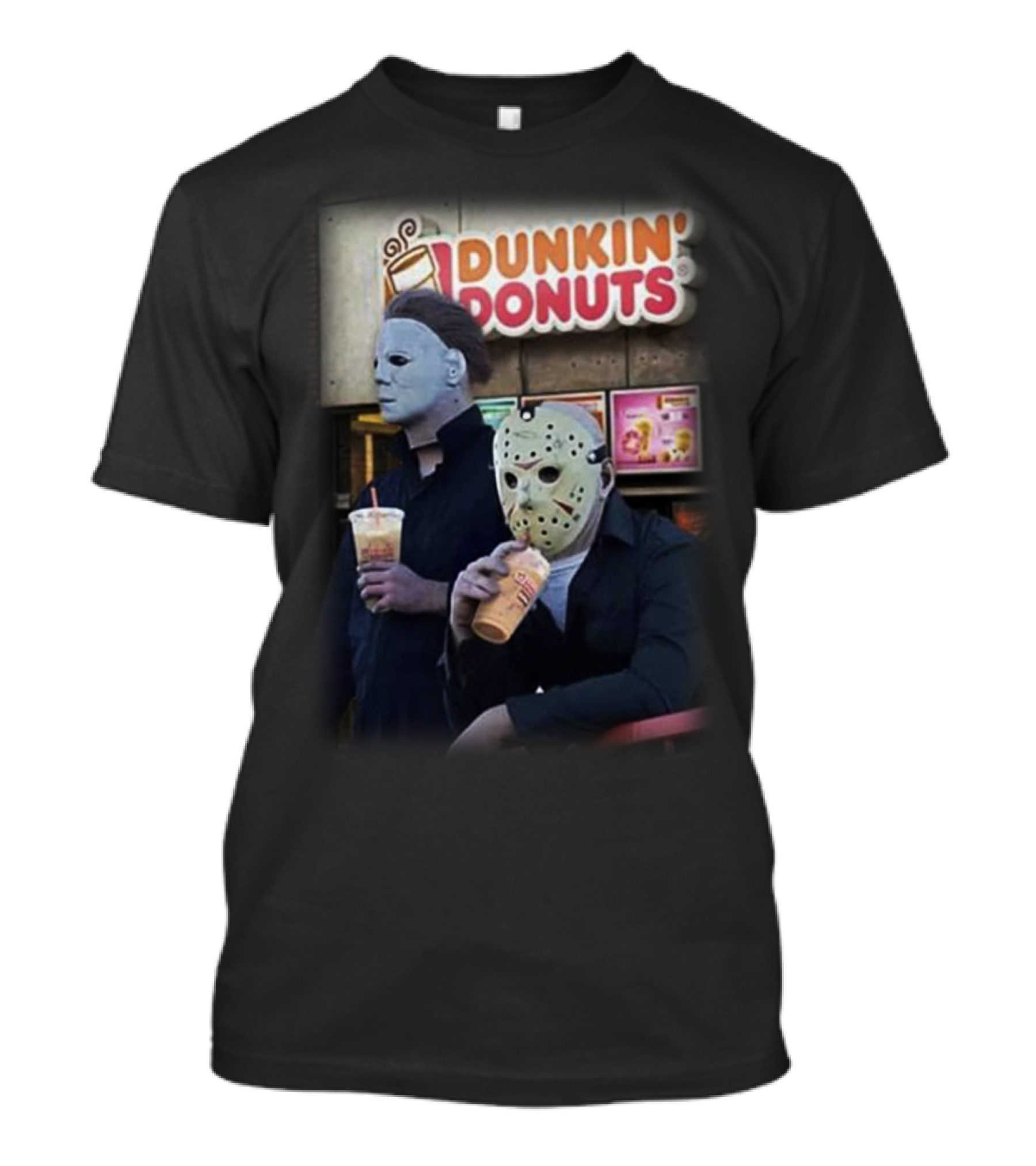 Michael Myers And Jason Voorhees At Dunkin' Donuts Holding Drinks T-Shirt