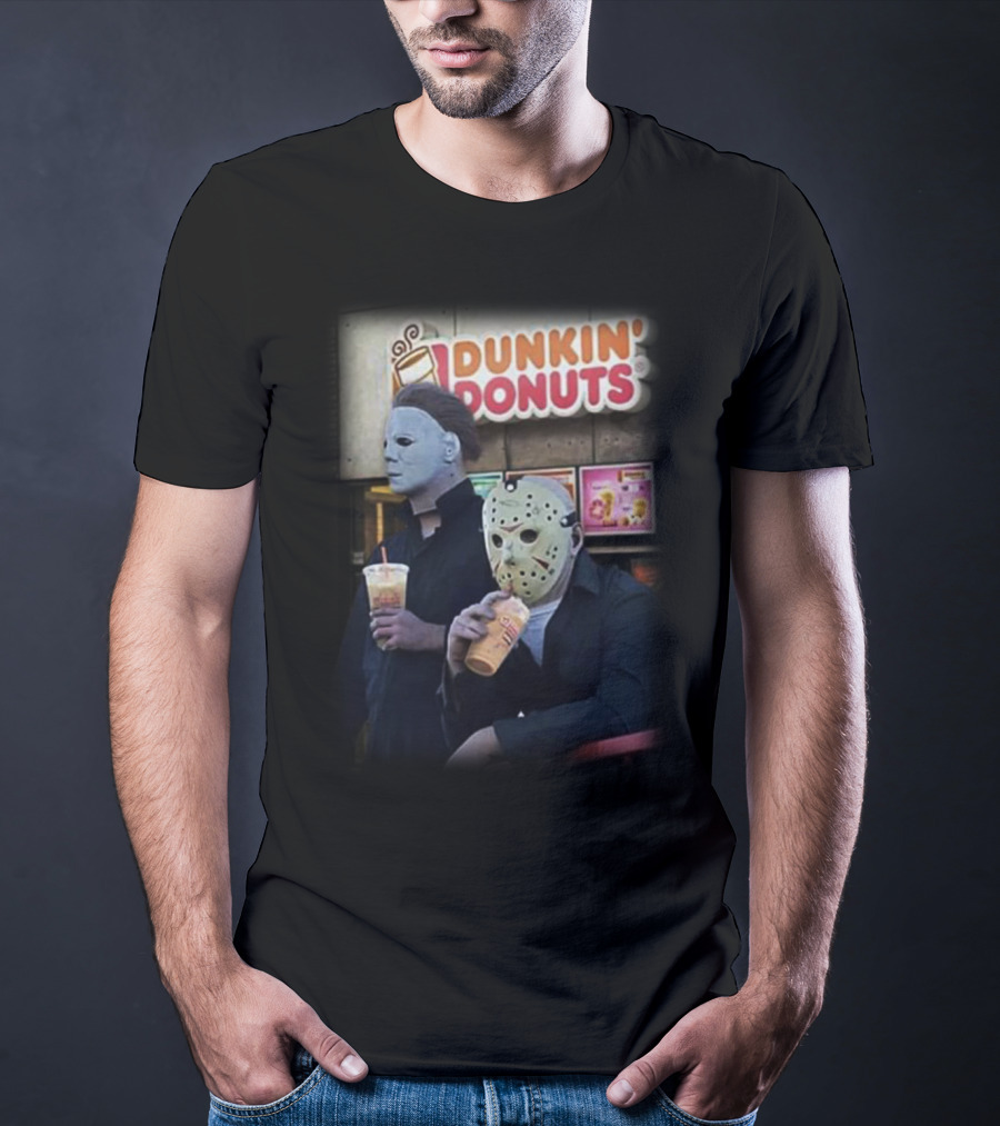 Michael Myers And Jason Voorhees At Dunkin' Donuts Holding Drinks T-Shirt
