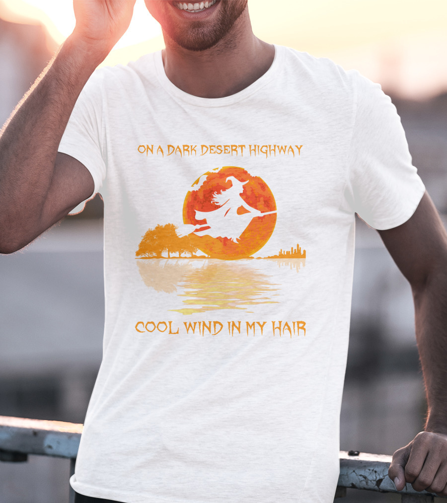 Witch Flying Over Moonlit Desert Highway Cool Wind In My Hair T-Shirt