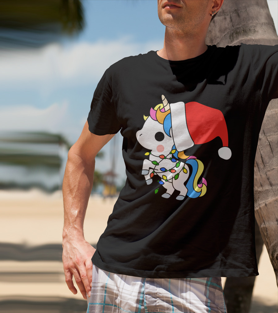 Unicorn Santa Christmas Lights Festive Fantasy T-Shirt