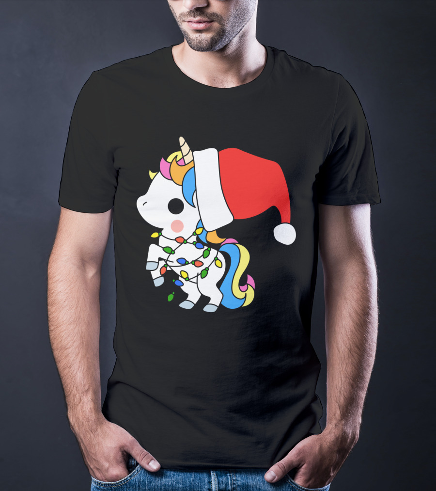 Unicorn Santa Christmas Lights Festive Fantasy T-Shirt