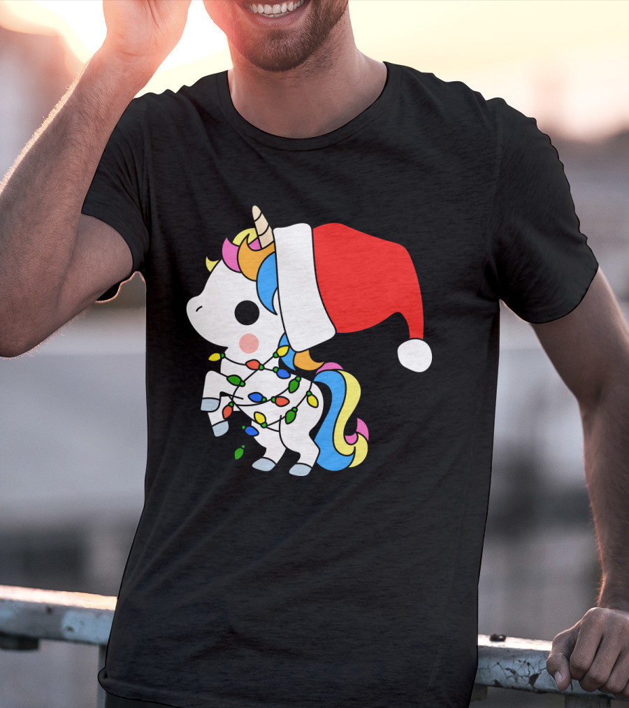 Unicorn Santa Christmas Lights Festive Fantasy T-Shirt