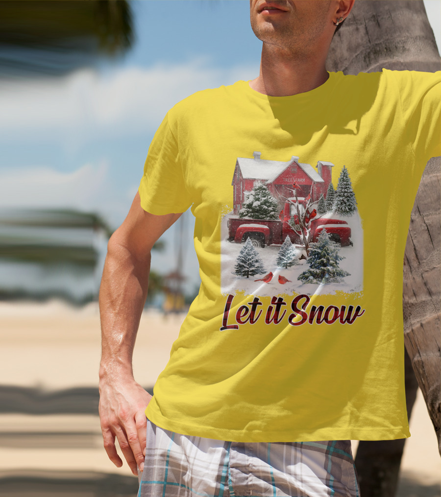 Let It Snow Cardinal Birds Red Tree Farm Holiday Scene T-Shirt